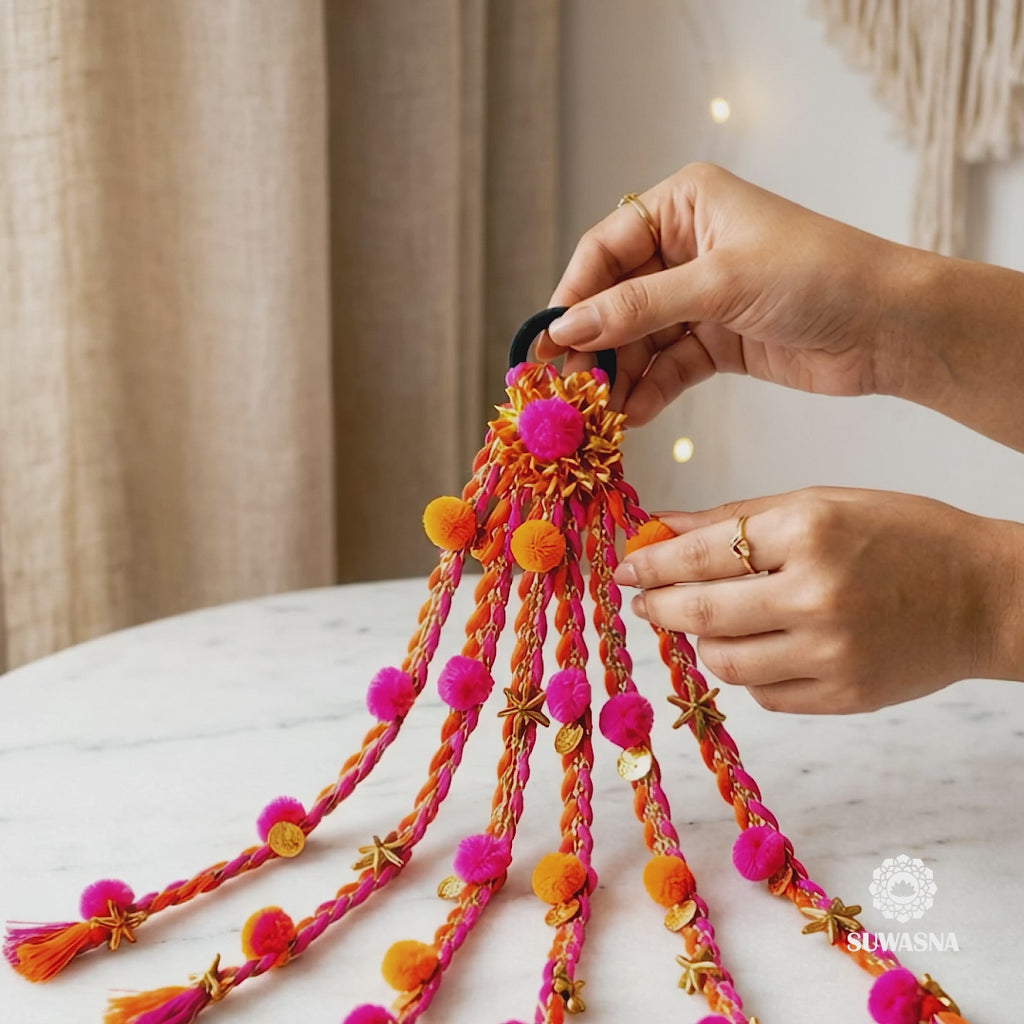 Suwasna Pink & Orange Boho Pom-Pom Tassel Hair Tie with Gold Flower Charms | Festival, Garba & Casual Hair Accessory Design 10