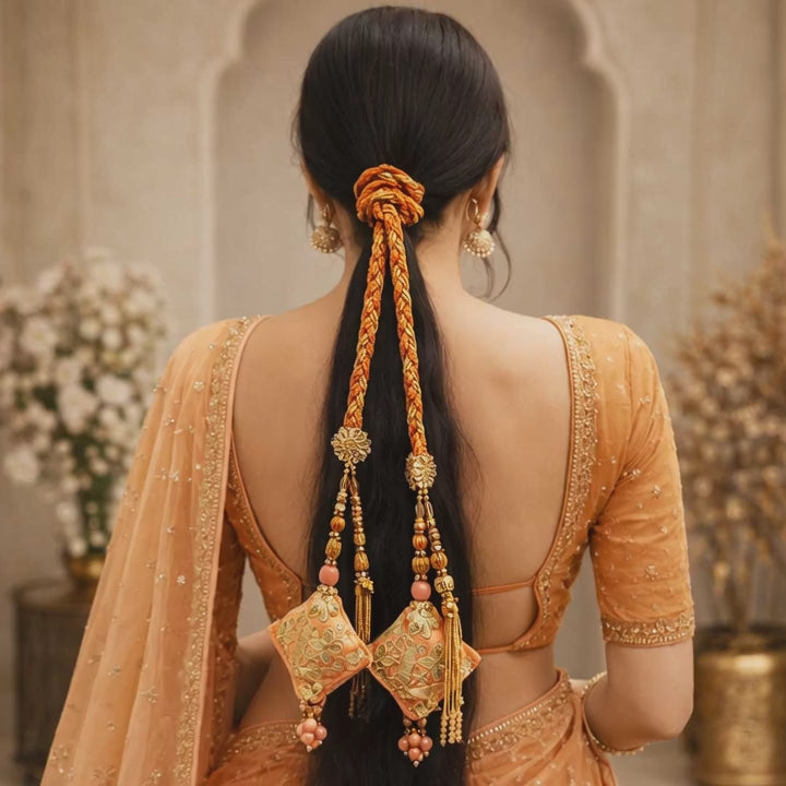 Suwasna Peach Royal Gota Patti & Jarkan Tassel Parandi | Bridal & Festive Hair Accessory