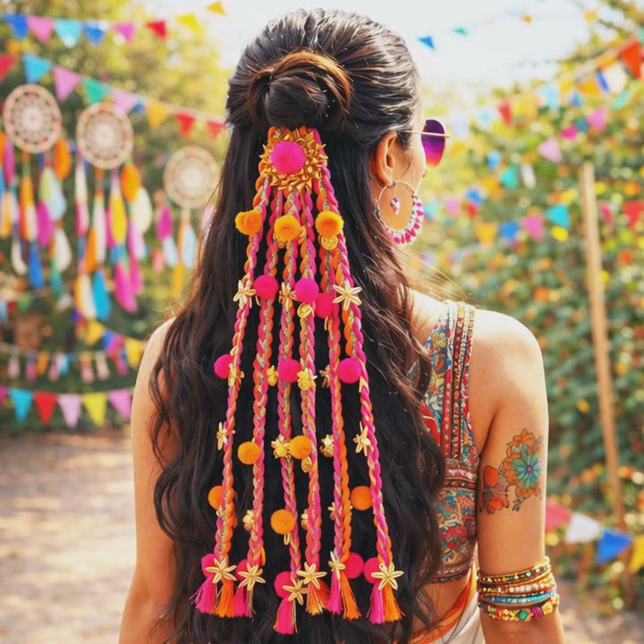 Suwasna Pink & Orange Boho Pom-Pom Tassel Hair Tie with Gold Flower Charms  Festival, Garba & Casual Hair Accessory Design 10