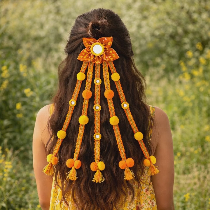 Suwasna Orange & Yellow Boho Style Tassel Hair Tie with Real Glass Mirror and Pom Pom  Festival, Garba & Casual Hair Accessory Design