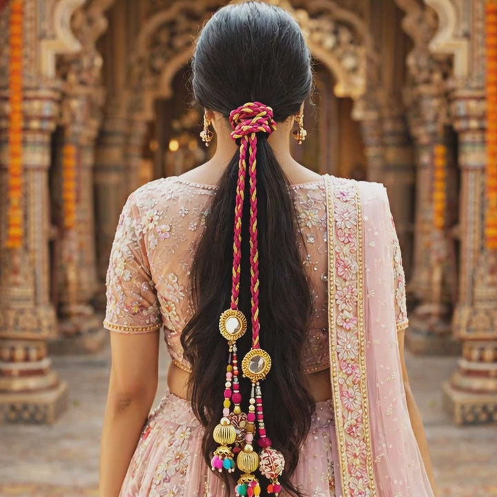 Suwasna Multicolor Mirror Ring Parandi with Katdana Bead Tassels | Traditional Festive & Wedding Hair Accessory A