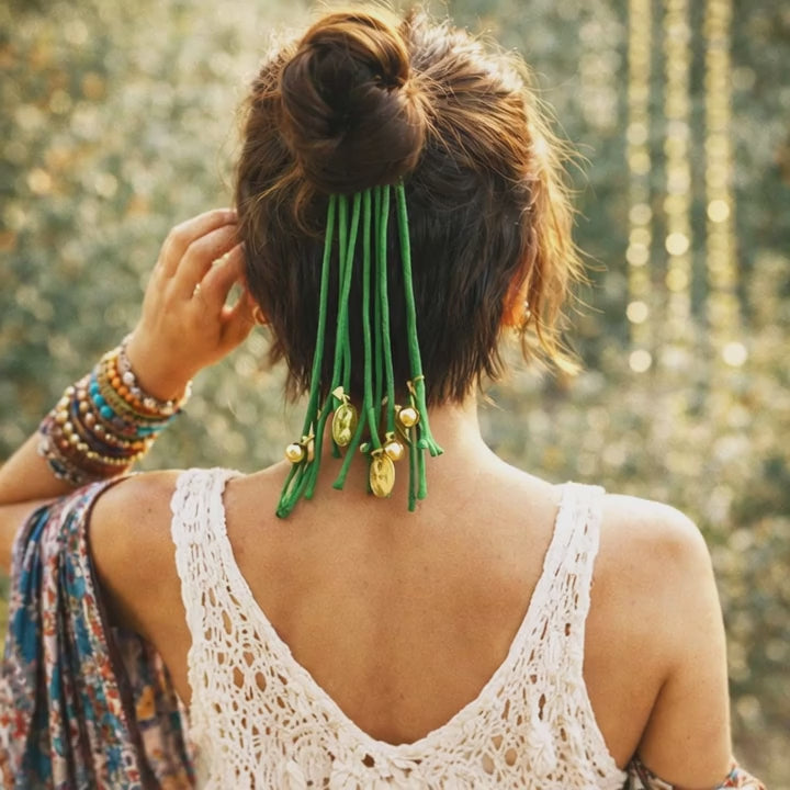Suwasna Green Boho Tassel Hair Tie with Gold Coin Charms  Stylish Beach, Summer & Casual Hair Accessory Design-8