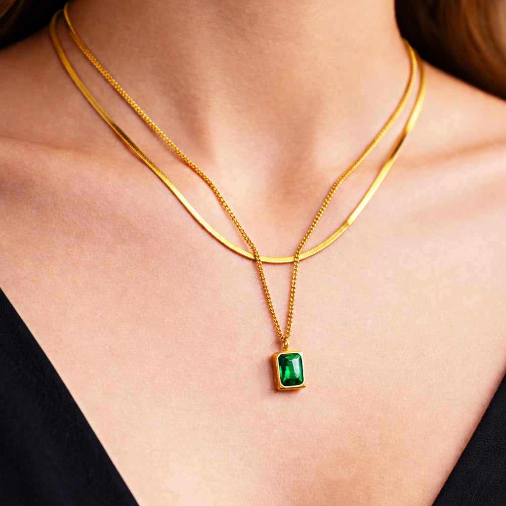Suwasna Dual Layer Chain with Emerald Green Pendant | Timeless Anti-Tarnish Jewellery