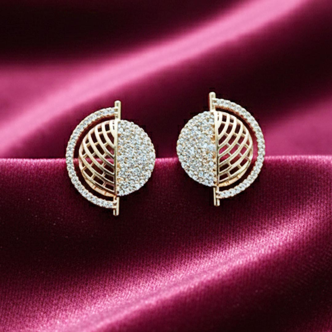 Suwasna Dual Half Circle AD Stone Stud Earrings | Modern Elegant Designer Jewellery