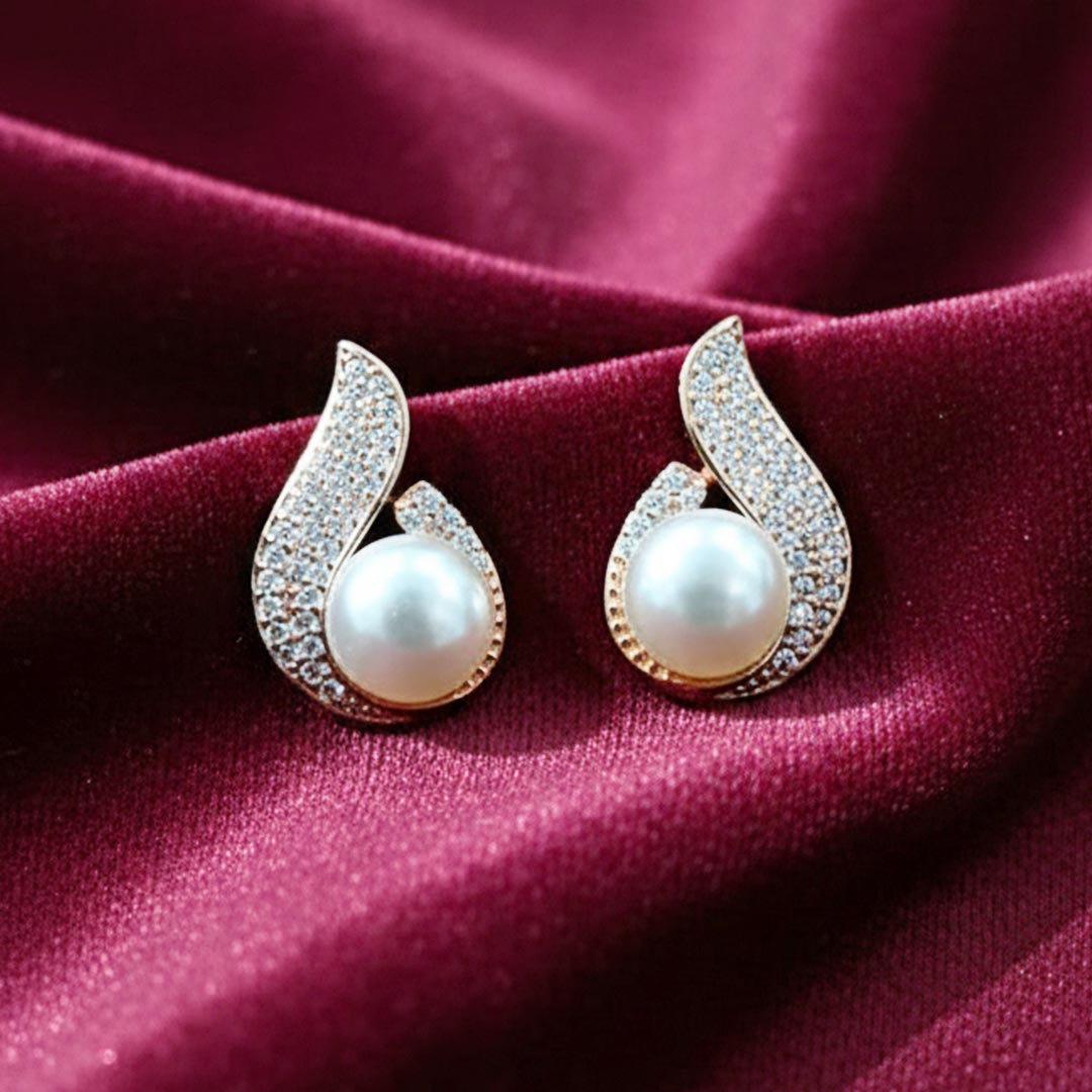 Suwasna AD Stone Pearl Swirl Stud Earrings | Elegant Modern Designer Jewellery