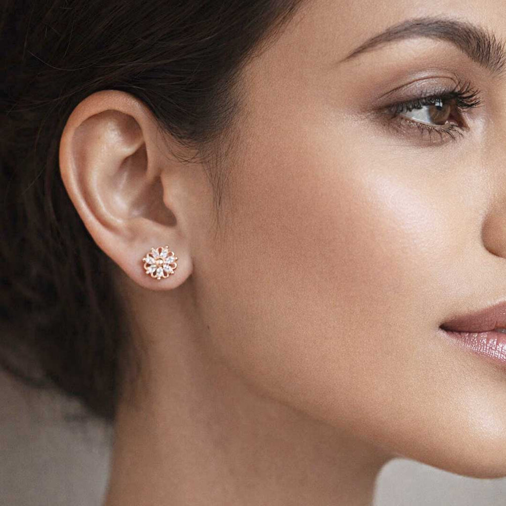 Rose Gold Floral CZ Pendant Necklace Set with Stud Earrings | Elegant Minimal Jewelry