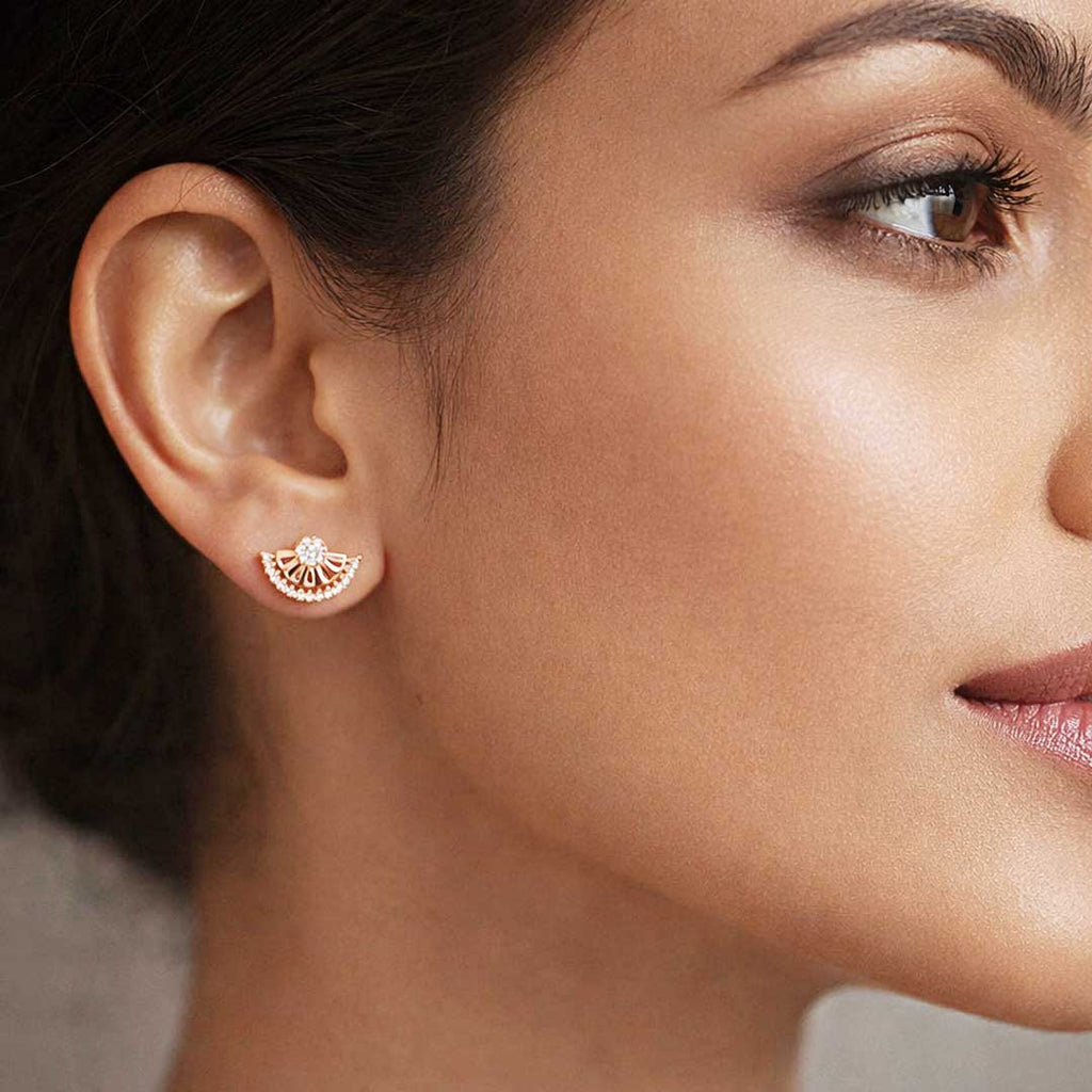 Rose Gold Fan-Shaped CZ Pendant Necklace Set with Stud Earrings | Elegant Minimal Jewelry