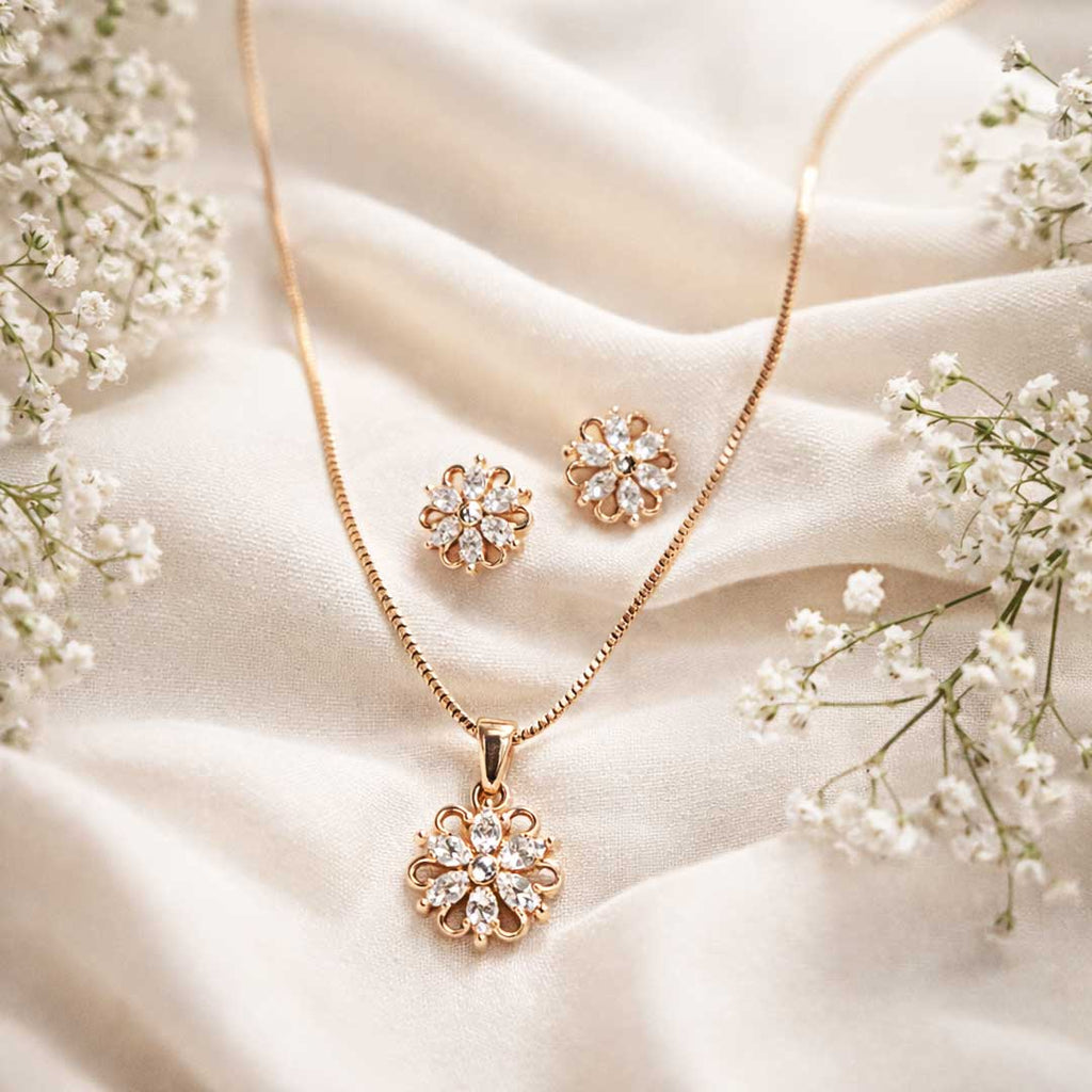Rose Gold Floral CZ Pendant Necklace Set with Stud Earrings | Elegant Minimal Jewelry