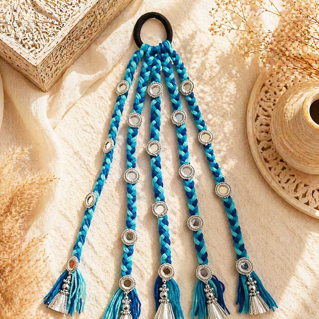 Suwasna Blue Boho Style Tassel Hair Tie With Silver Cone, Silver Mirror | Festival, Garba & Casual Hair Accessory Design