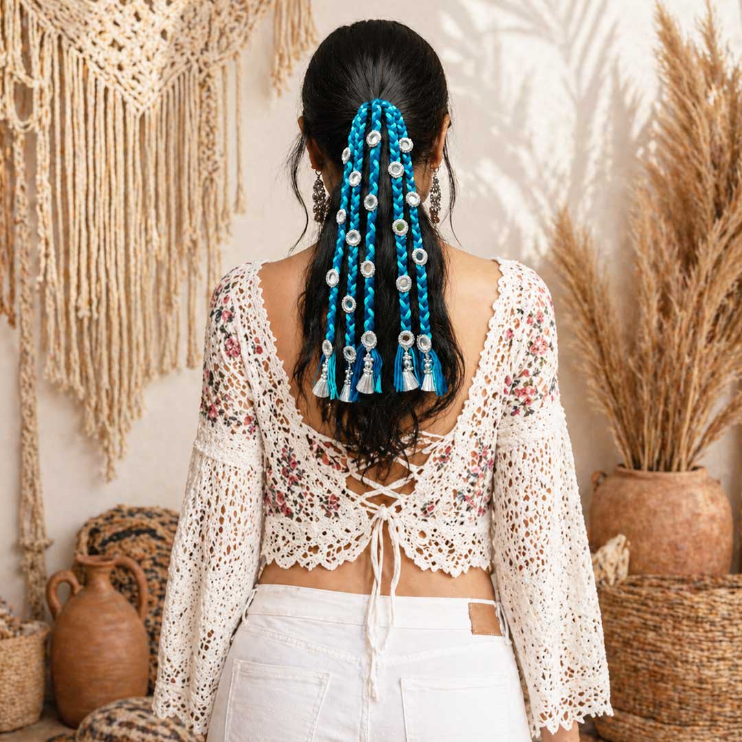 Suwasna Blue Boho Style Tassel Hair Tie With Silver Cone, Silver Mirror | Festival, Garba & Casual Hair Accessory Design