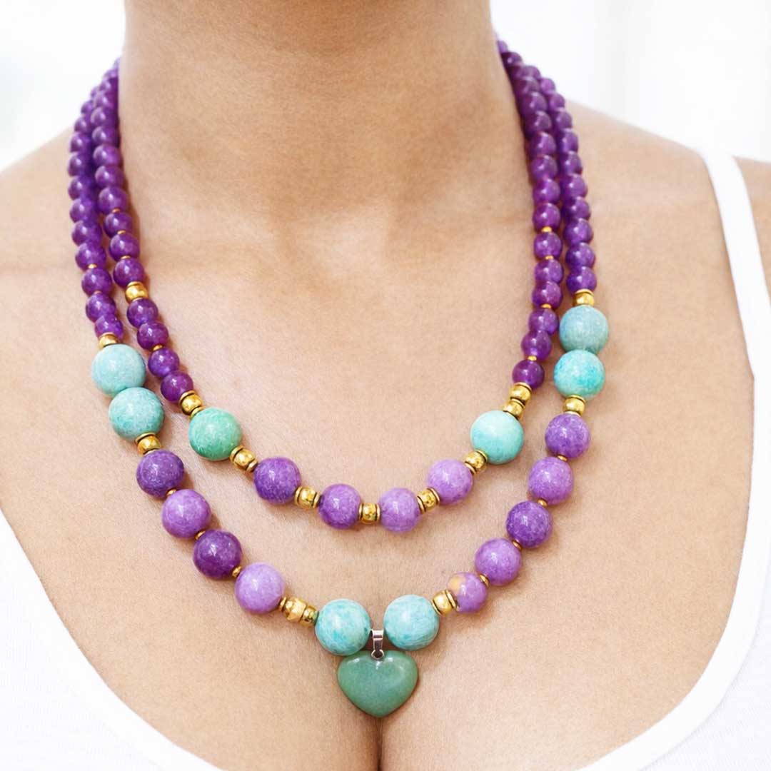 Suwasna Amethyst & Aragonite Double Layered Stone Necklace With Green Aventurine Pendent for Women | Elegant Natural Crystal Jewelry