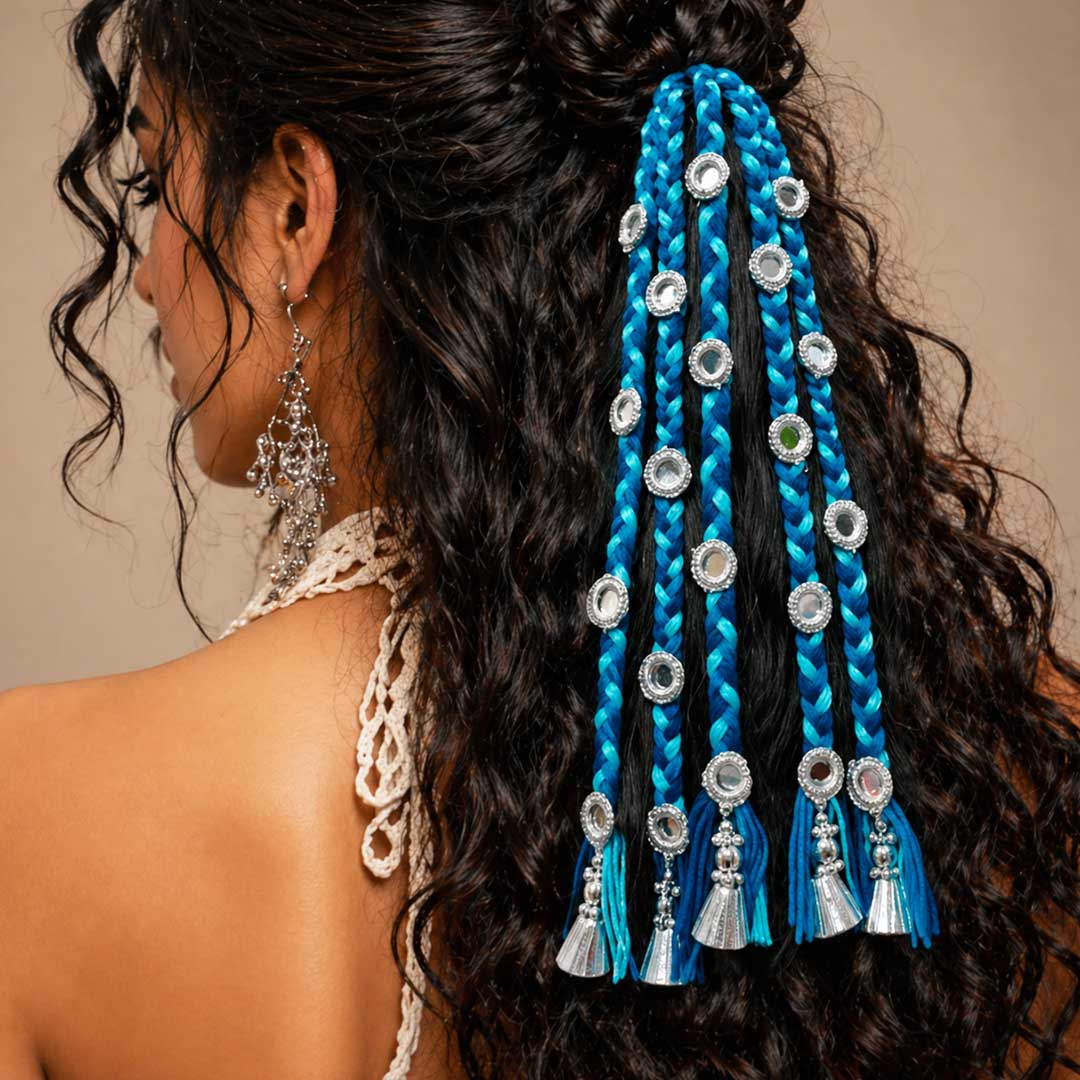 Suwasna Blue Boho Style Tassel Hair Tie With Silver Cone, Silver Mirror | Festival, Garba & Casual Hair Accessory Design