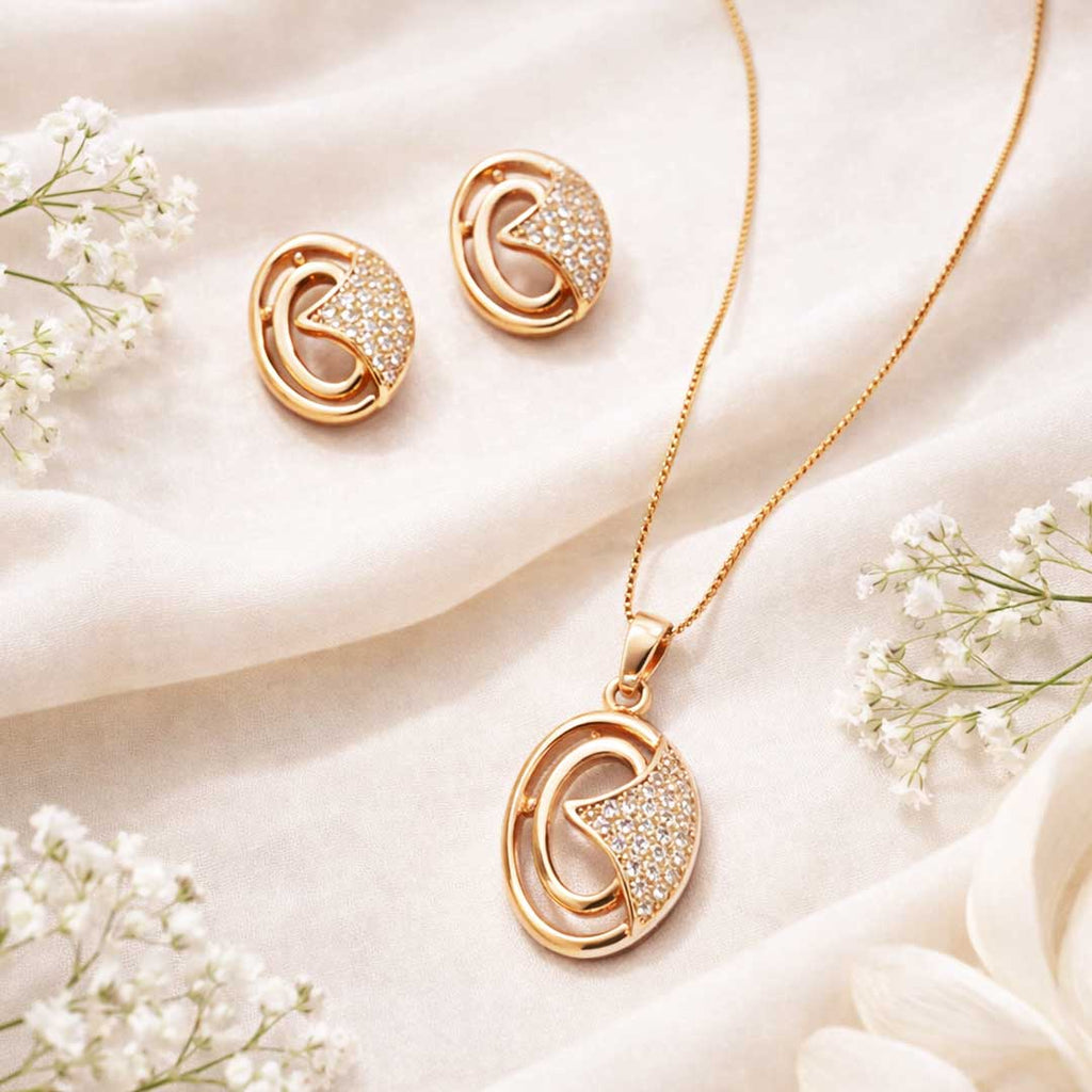Rose Gold Oval CZ Swirl Pendant Necklace Set with Stud Earrings | Elegant Minimal Jewelry