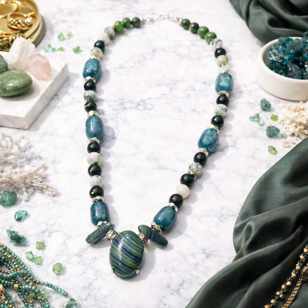 Suwasna Tree & Natural Agate Beaded Necklace with Marble Pendant | Elegant Natural Stone Jewelry