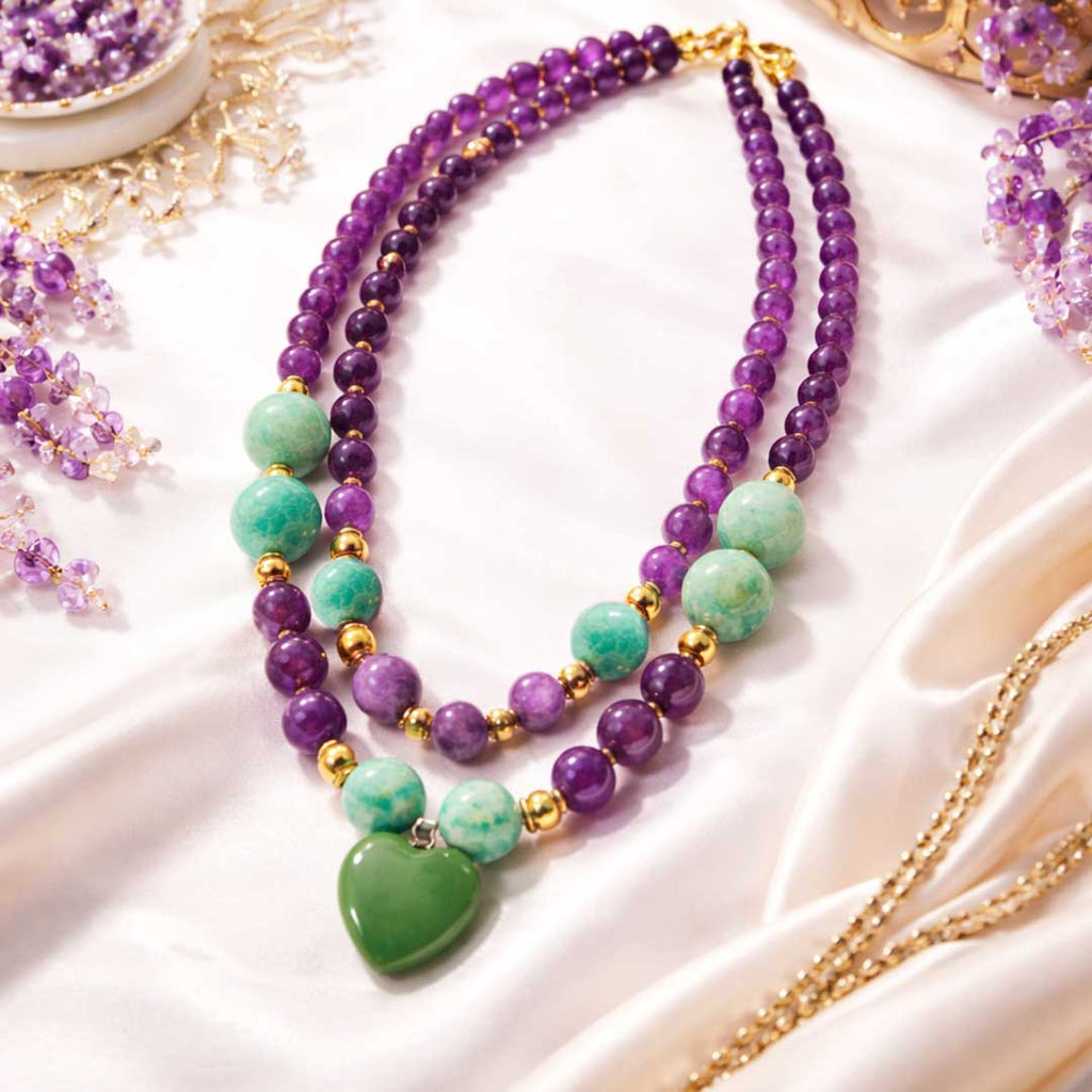 Suwasna Amethyst & Aragonite Double Layered Stone Necklace With Green Aventurine Pendent for Women | Elegant Natural Crystal Jewelry