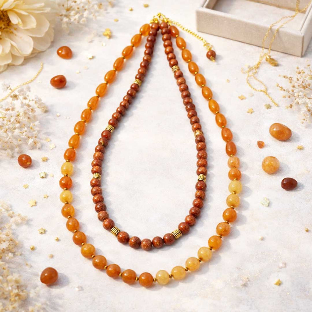 Suwasna Orange Aventurine & Sandstone Beaded Necklace for Women | Natural Crystal Layered Necklace