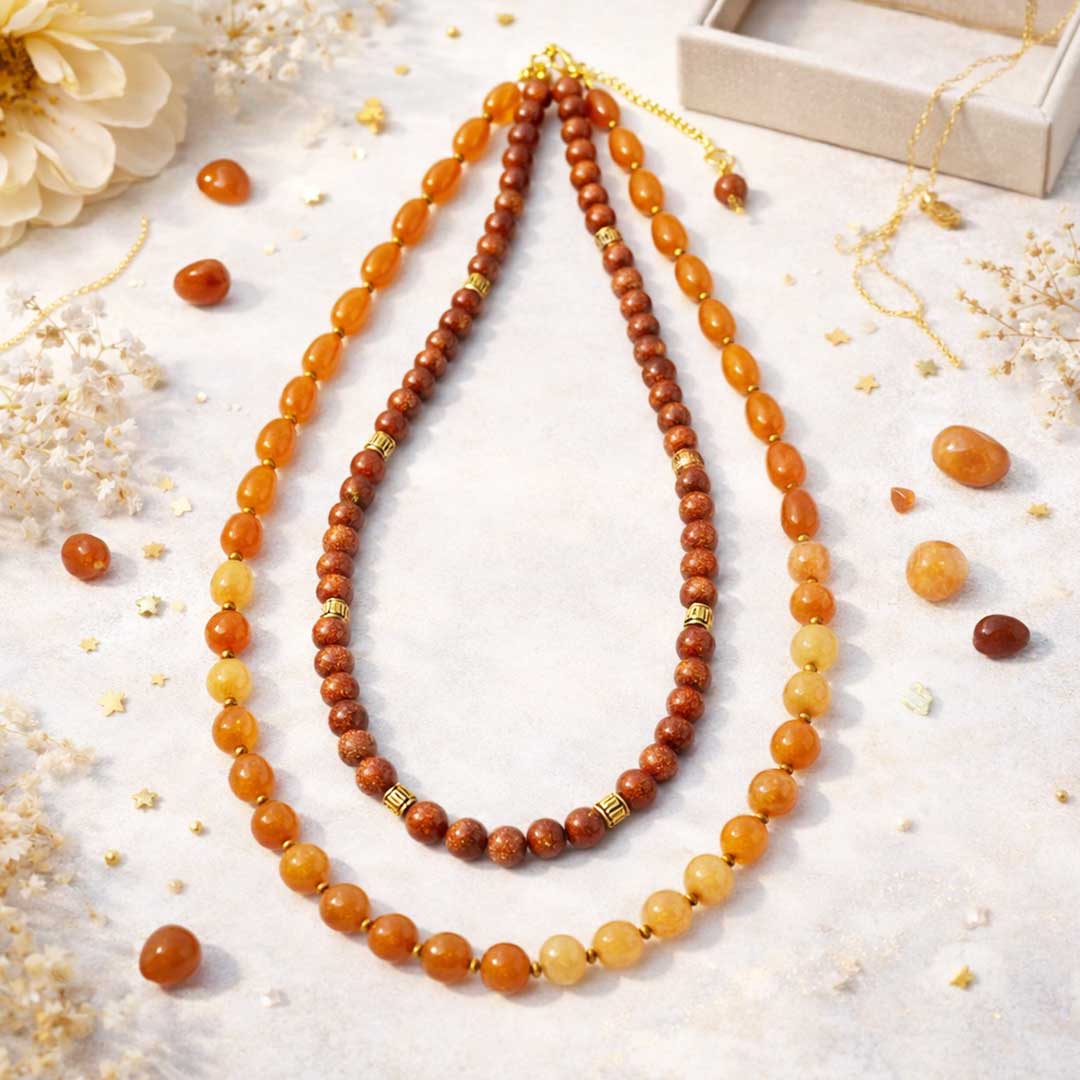 Suwasna Orange Aventurine & Sandstone Beaded Necklace for Women | Natural Crystal Layered Necklace