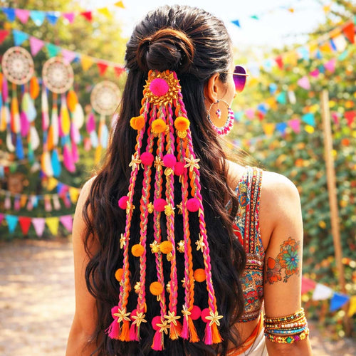 Suwasna Pink & Orange Boho Pom-Pom Tassel Hair Tie with Gold Flower Charms | Festival, Garba & Casual Hair Accessory Design 10