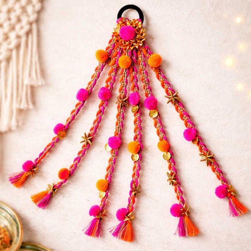Suwasna Pink & Orange Boho Pom-Pom Tassel Hair Tie with Gold Flower Charms | Festival, Garba & Casual Hair Accessory Design 10