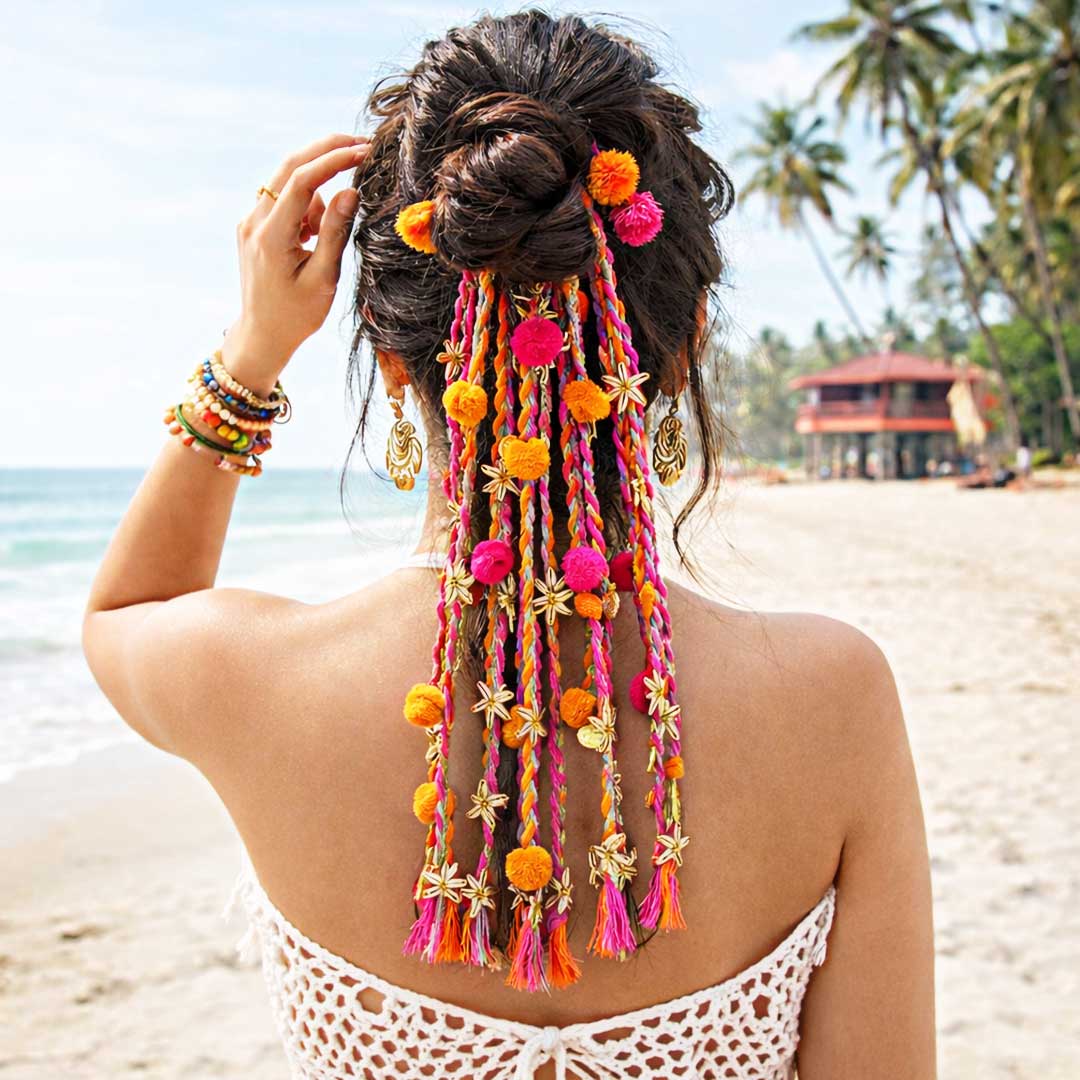 Suwasna Pink & Orange Boho Pom-Pom Tassel Hair Tie with Gold Flower Charms | Festival, Garba & Casual Hair Accessory Design 10