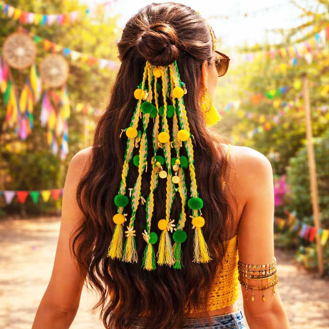 Suwasna Yellow & Green Boho Pom-Pom Tassel Hair Tie with Gold Flower Charms | Festival, Garba & Casual Hair Accessory Design 11