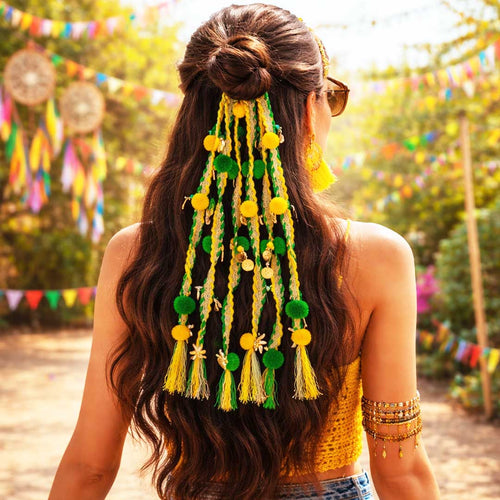 Suwasna Yellow & Green Boho Pom-Pom Tassel Hair Tie with Gold Flower Charms | Festival, Garba & Casual Hair Accessory Design 11