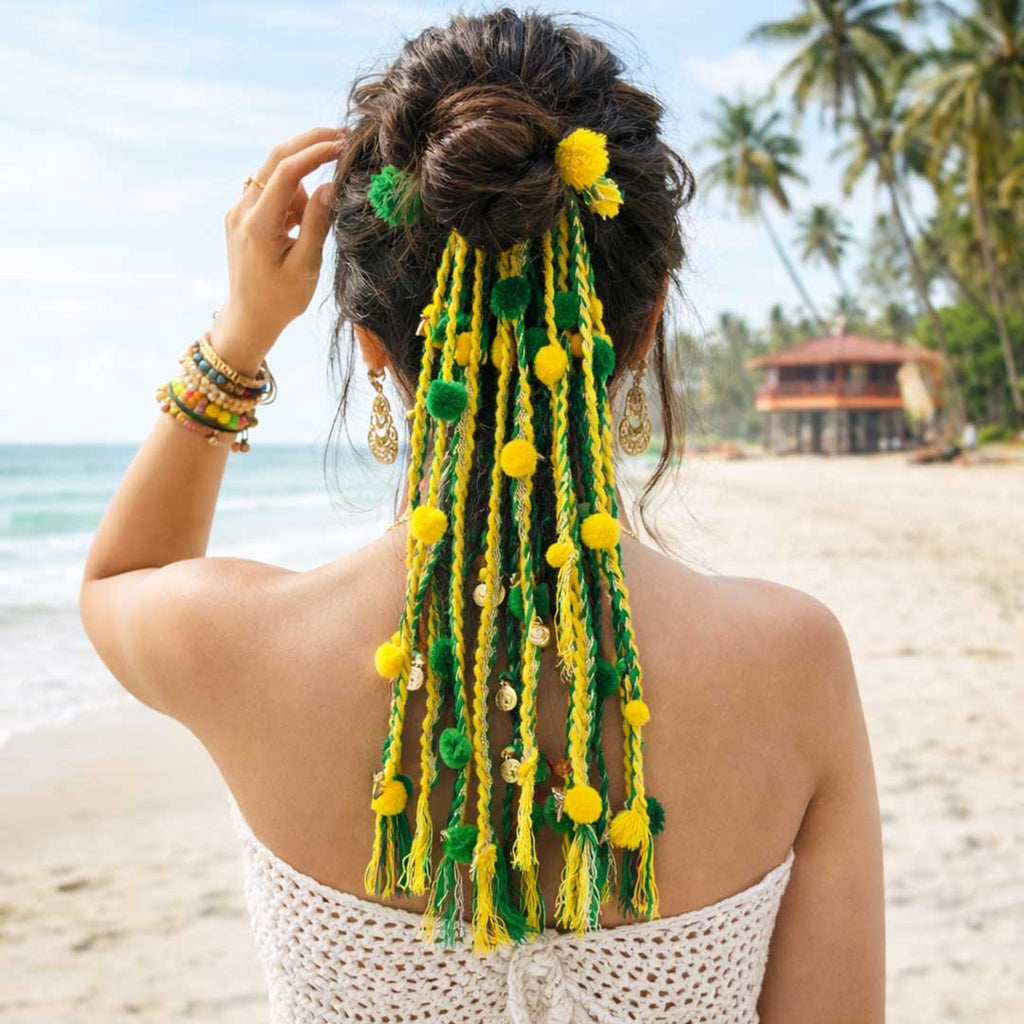 Suwasna Yellow & Green Boho Pom-Pom Tassel Hair Tie with Gold Flower Charms | Festival, Garba & Casual Hair Accessory Design 11