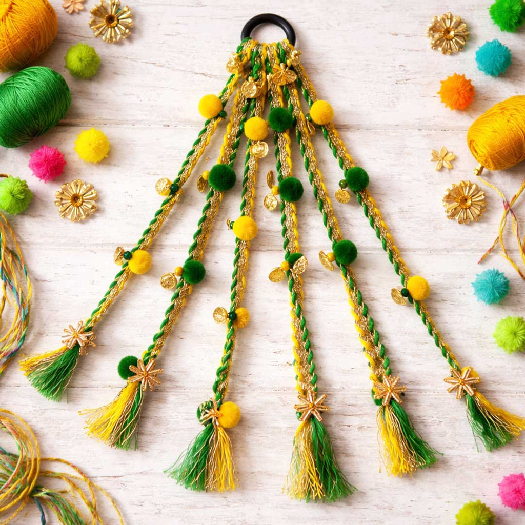 Suwasna Yellow & Green Boho Pom-Pom Tassel Hair Tie with Gold Flower Charms | Festival, Garba & Casual Hair Accessory Design 11