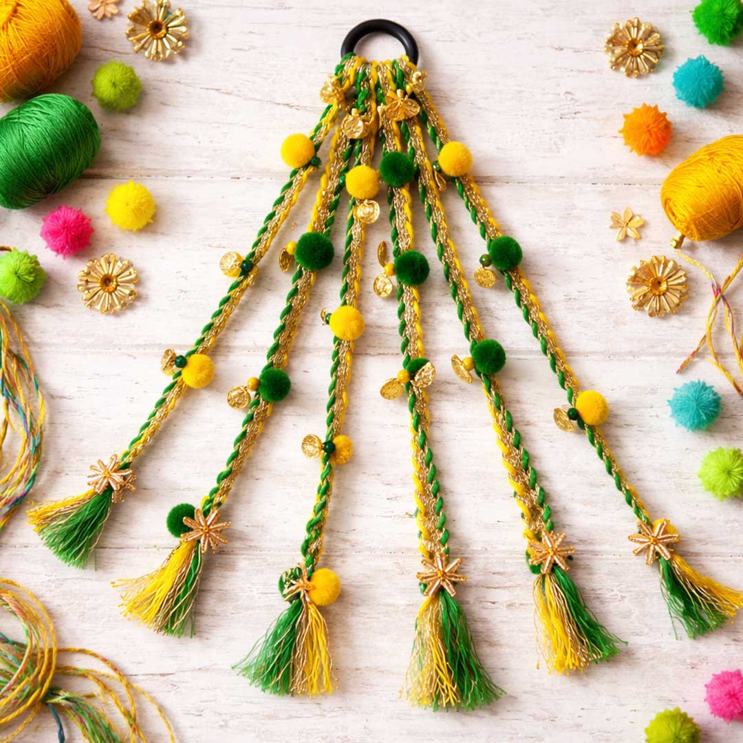 Suwasna Yellow & Green Boho Pom-Pom Tassel Hair Tie with Gold Flower Charms | Festival, Garba & Casual Hair Accessory Design 11
