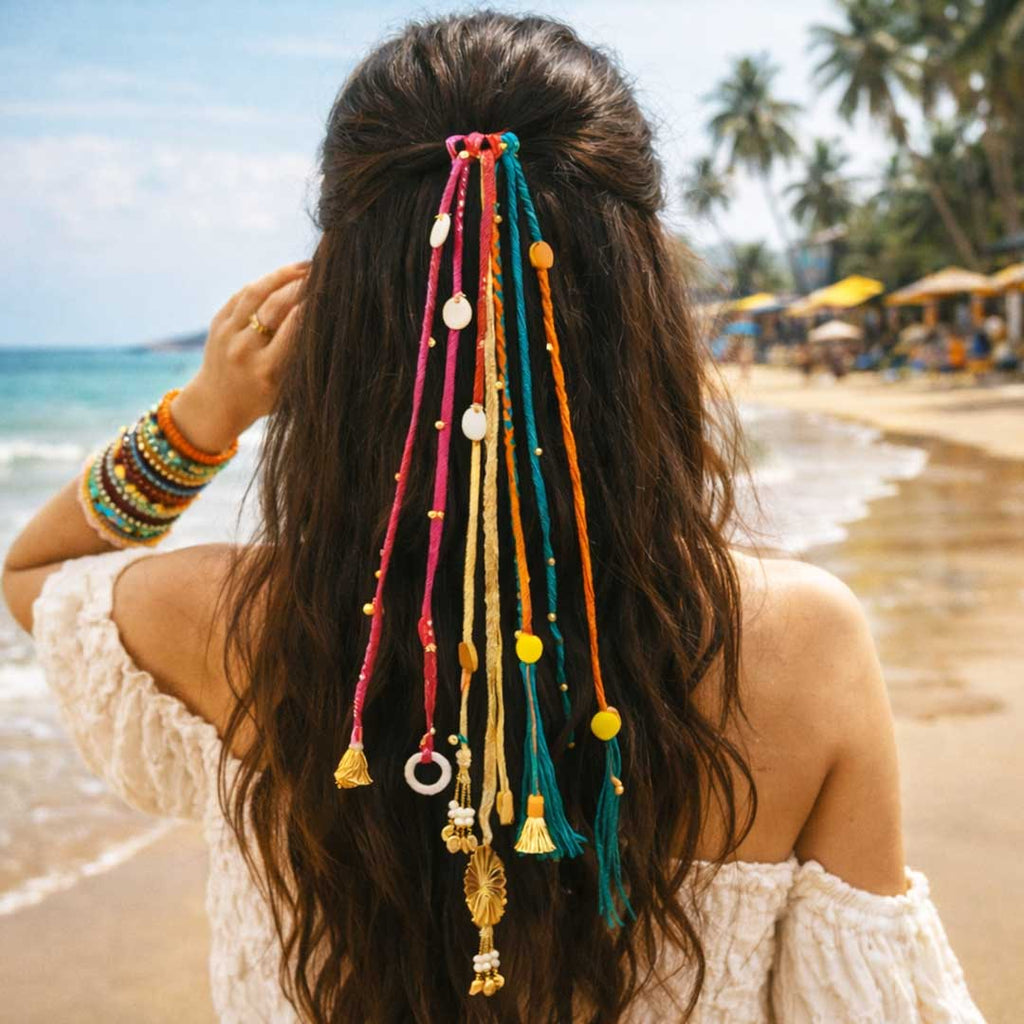 Suwasna Multicolor Boho Tassel Hair Tie with Beads & Charms | Festival, Garba & Casual Hair Accessory  – Design 9