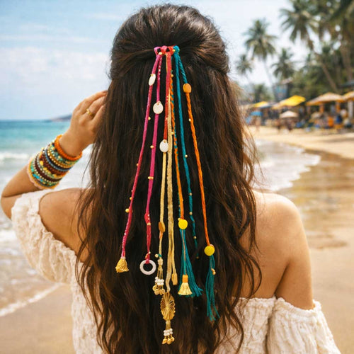Suwasna Multicolor Boho Tassel Hair Tie with Beads & Charms | Festival, Garba & Casual Hair Accessory  – Design 9