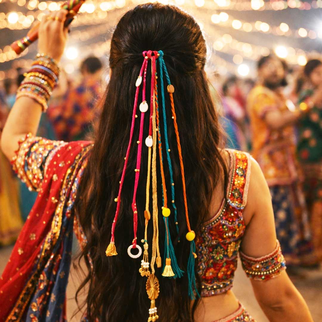 Suwasna Multicolor Boho Tassel Hair Tie with Beads & Charms | Festival, Garba & Casual Hair Accessory  – Design 9