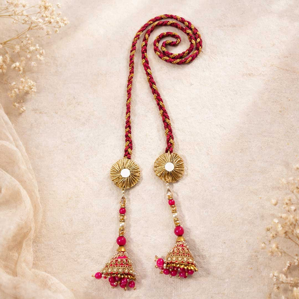Suwasna Pink & Gold Cone Tassel Parandi | Bridal & Festive Hair Accessory B