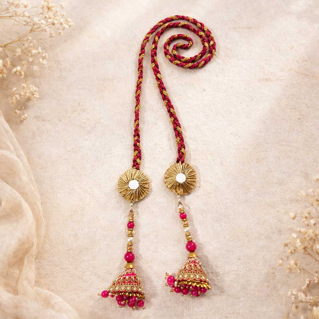 Suwasna Pink & Gold Cone Tassel Parandi | Bridal & Festive Hair Accessory B