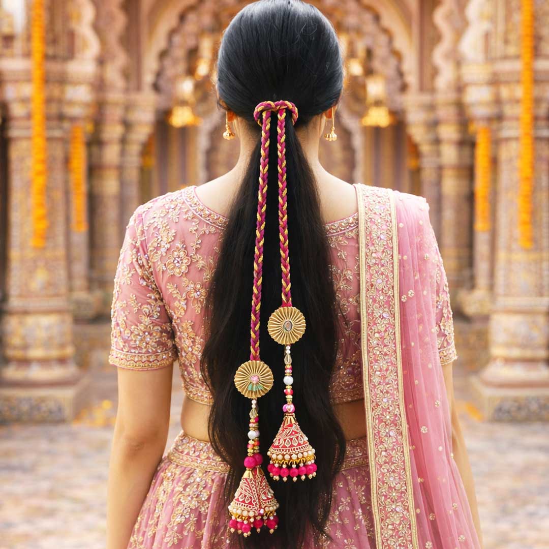 Suwasna Pink & Gold Cone Tassel Parandi | Bridal & Festive Hair Accessory A