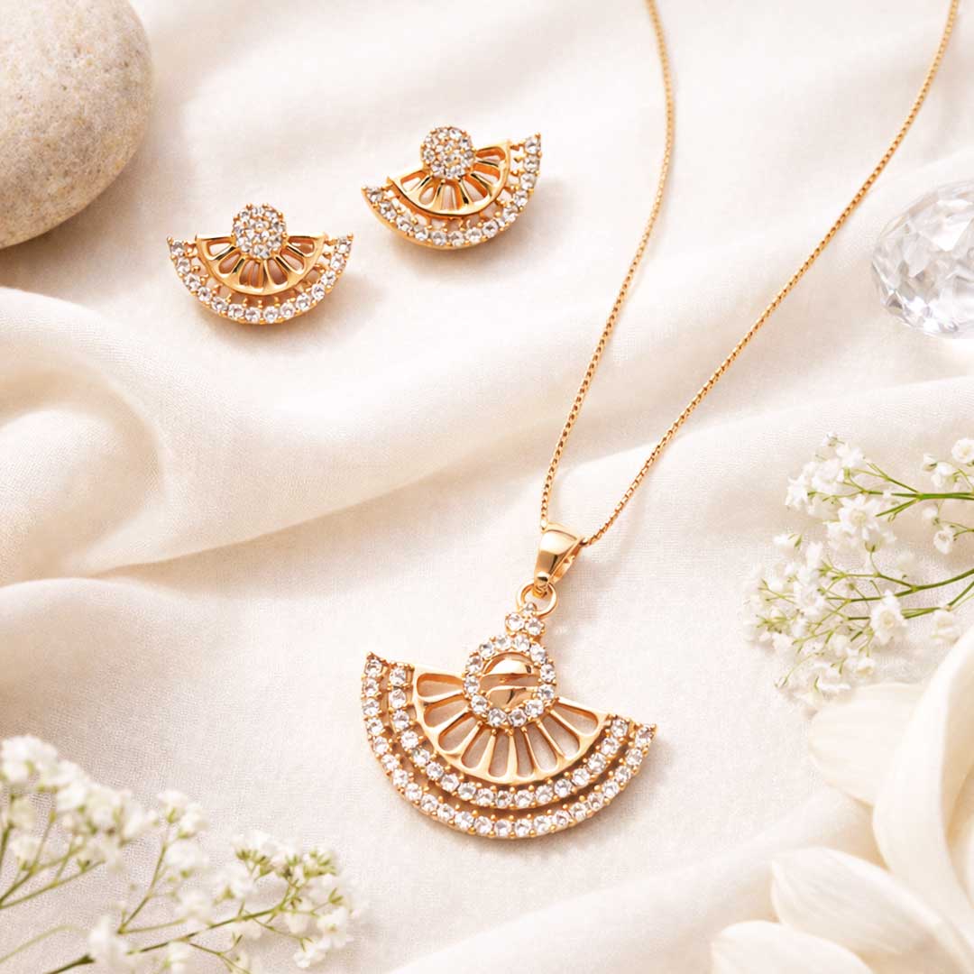 Rose Gold Fan-Shaped CZ Pendant Necklace Set with Stud Earrings | Elegant Minimal Jewelry