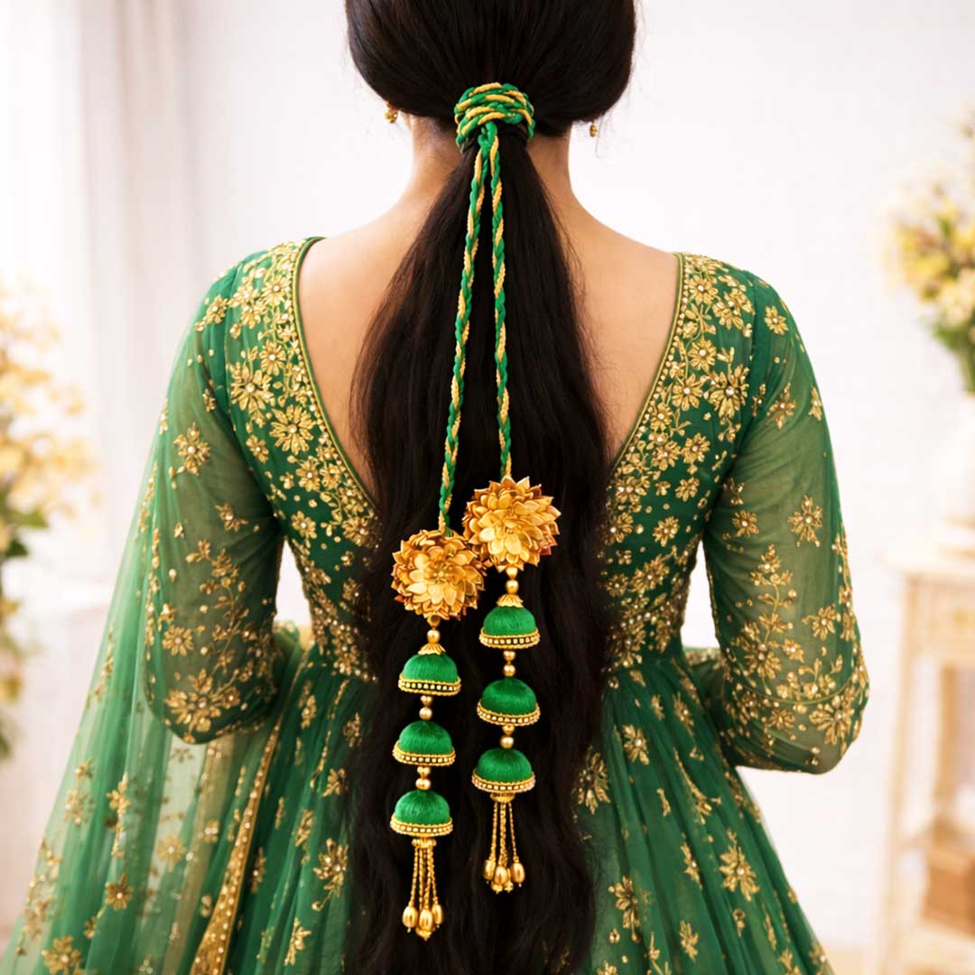 Suwasna Green Jhumka Tassel Parandi | Bridal & Festive Hair Accessory A