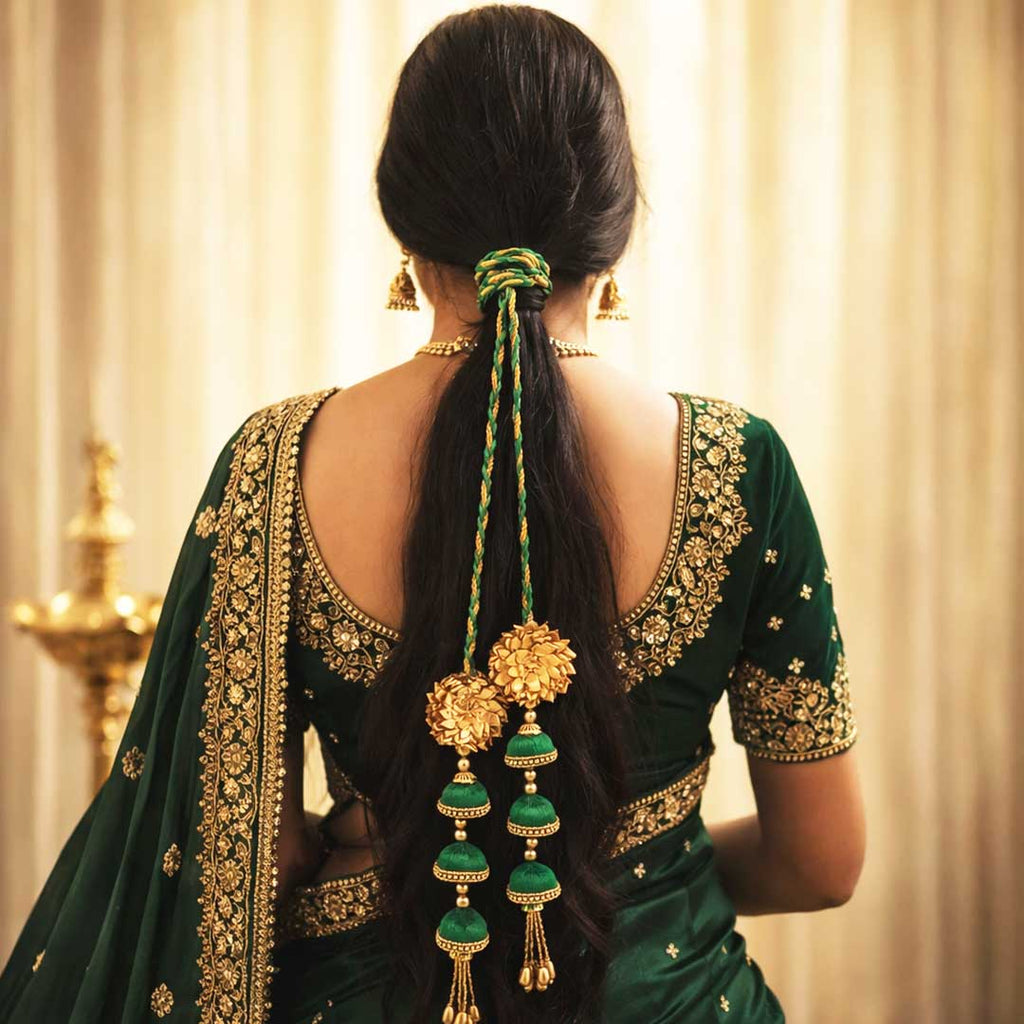 Suwasna Green Jhumka Tassel Parandi | Bridal & Festive Hair Accessory C