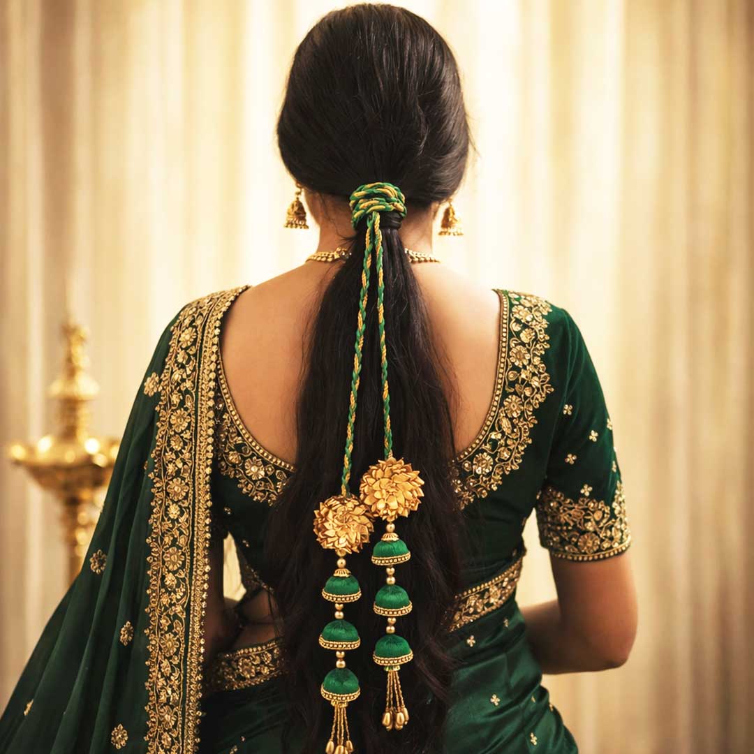 Suwasna Green Jhumka Tassel Parandi | Bridal & Festive Hair Accessory C