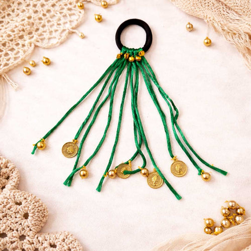 Suwasna Green Boho Tassel Hair Tie with Gold Coin Charms | Stylish Beach, Summer & Casual Hair Accessory Design-8