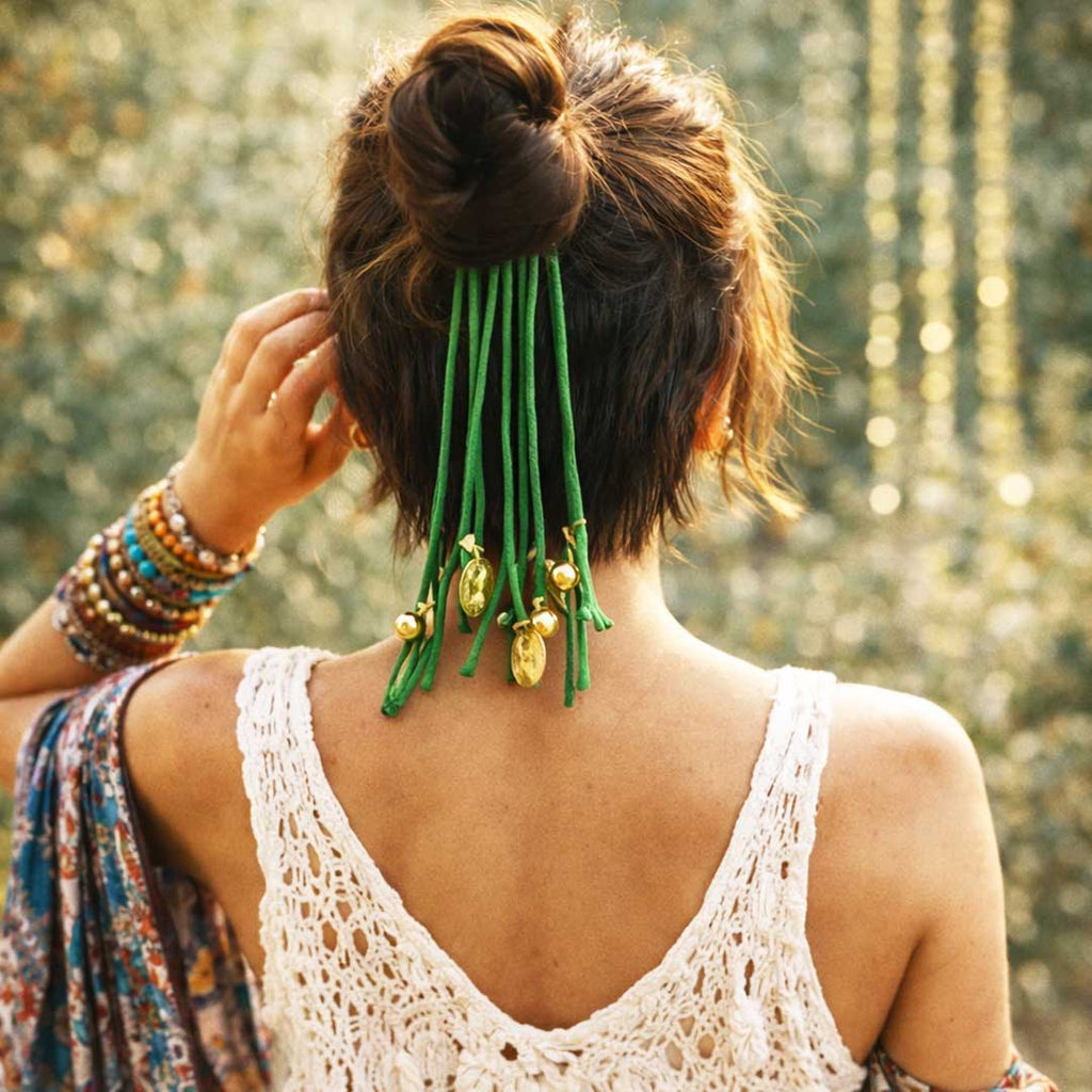Suwasna Green Boho Tassel Hair Tie with Gold Coin Charms | Stylish Beach, Summer & Casual Hair Accessory Design-8