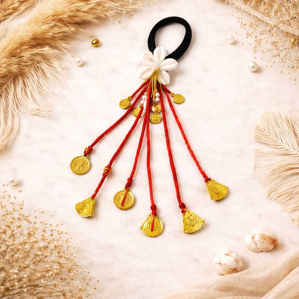 Suwasna Red Boho Hair Tie with White Kauri Floral Charm, Beads & Gold Tassel Detailing | Stylish Beach, Summer & Casual Hair Accessory Design 