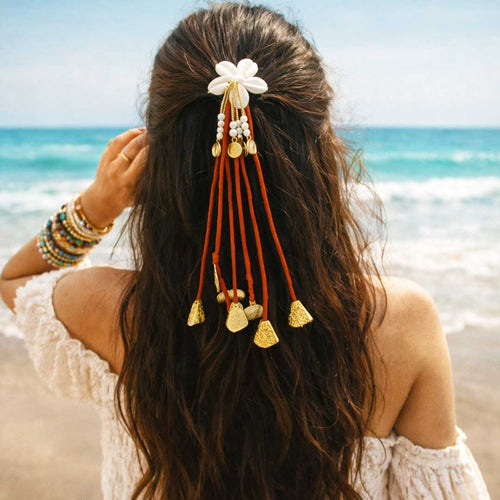 Suwasna Red Boho Hair Tie with White Kauri Floral Charm, Beads & Gold Tassel Detailing | Stylish Beach, Summer & Casual Hair Accessory Design 7