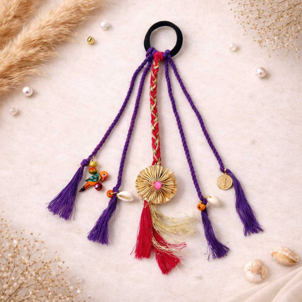 Suwasna Purple Multicolor Boho Tassel Hair Tie with Beads & Charm Detailing | Stylish Festival, Beach & Casual Hair AccessoryB
