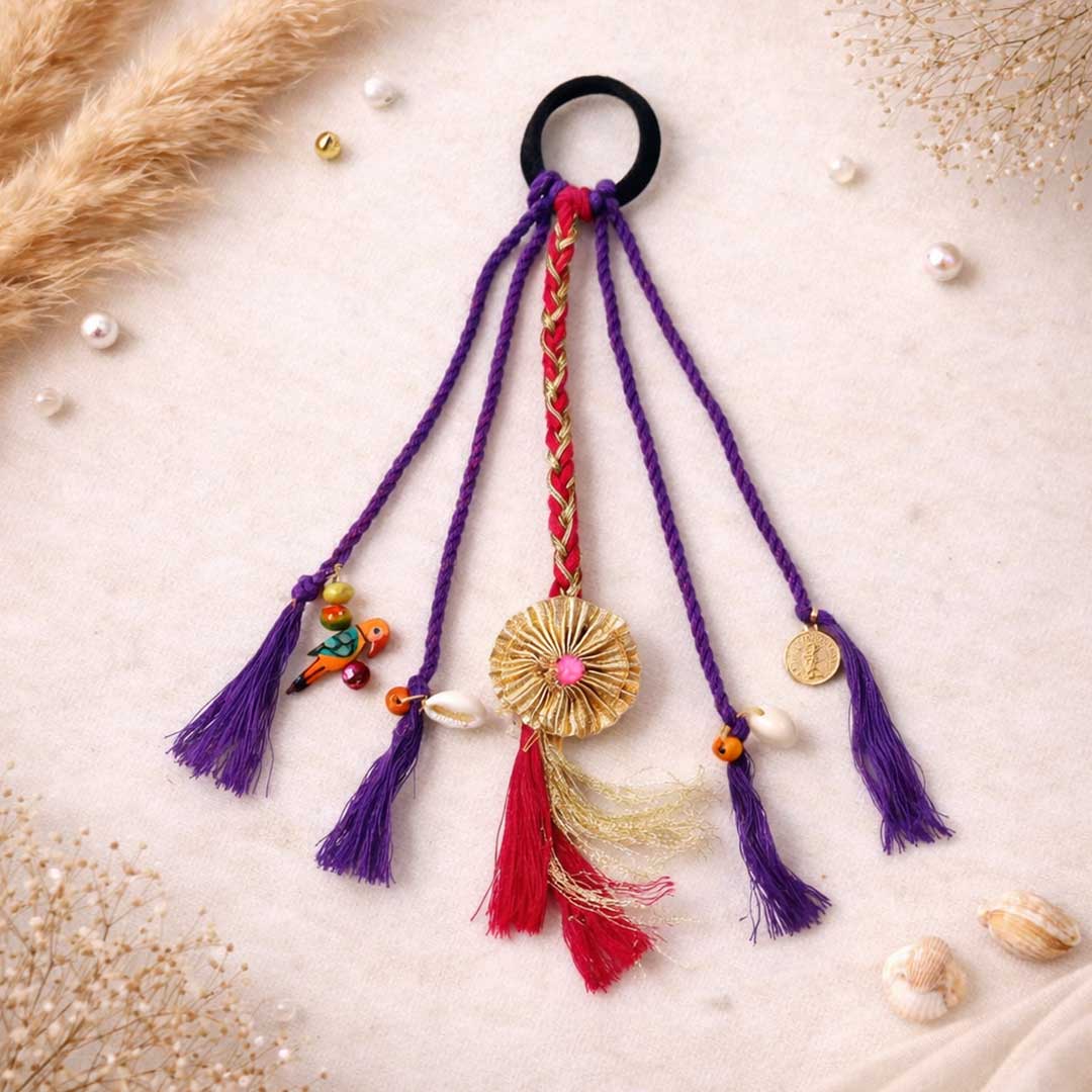 Suwasna Purple Multicolor Boho Tassel Hair Tie with Beads & Charm Detailing | Stylish Festival, Beach & Casual Hair AccessoryB
