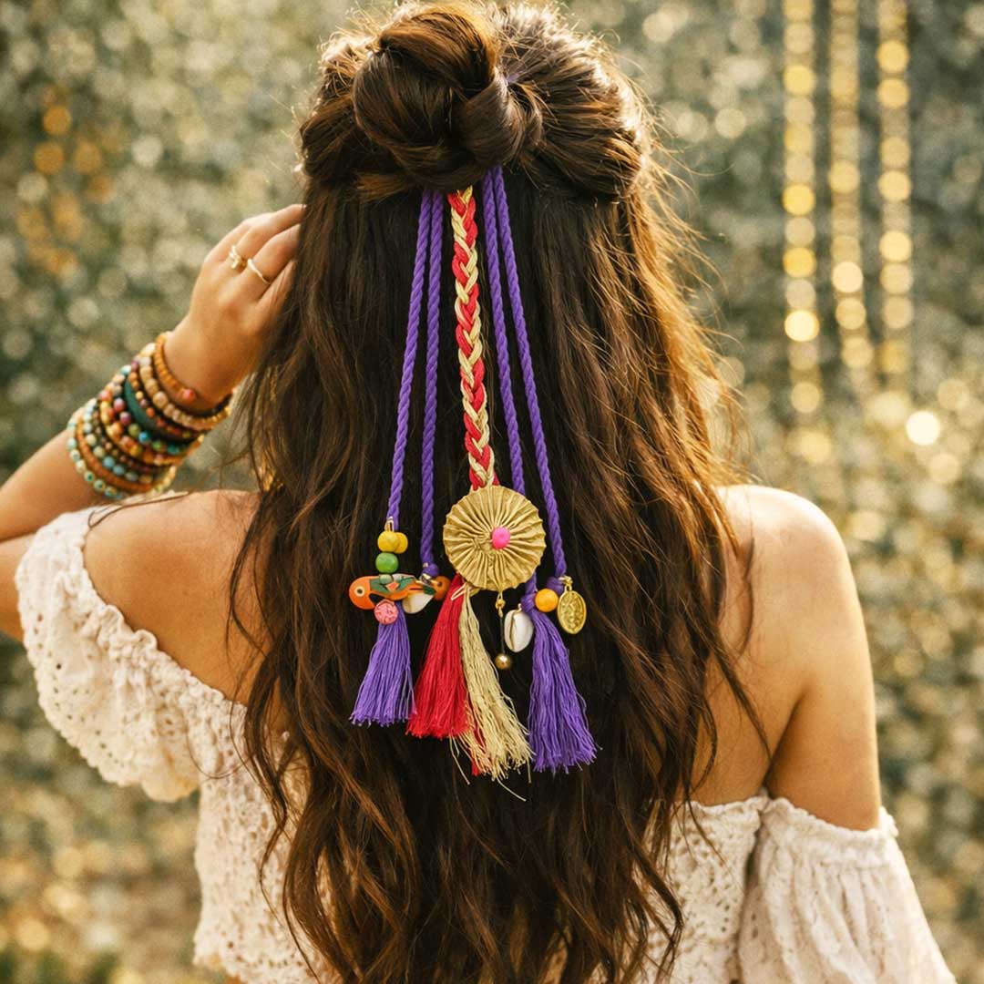 Suwasna Purple Multicolor Boho Tassel Hair Tie with Beads & Charm Detailing | Stylish Festival, Beach & Casual Hair AccessoryA