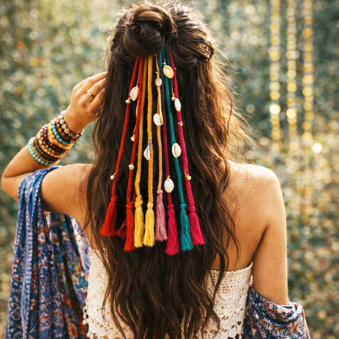 Suwasna Multicolor Boho Tassel Hair Tie with Beads & Charms | Festival, Garba & Casual Hair Accessory Design-6A