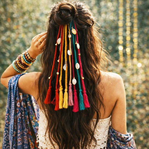 Suwasna Multicolor Boho Tassel Hair Tie with Beads & Charms | Festival, Garba & Casual Hair Accessory Design-6A