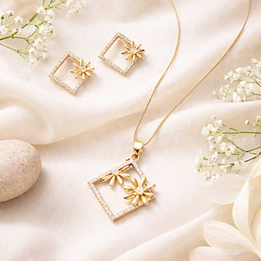 Rose Gold Floral Square CZ Pendant Necklace Set with Stud Earrings | Elegant Minimal Jewelry