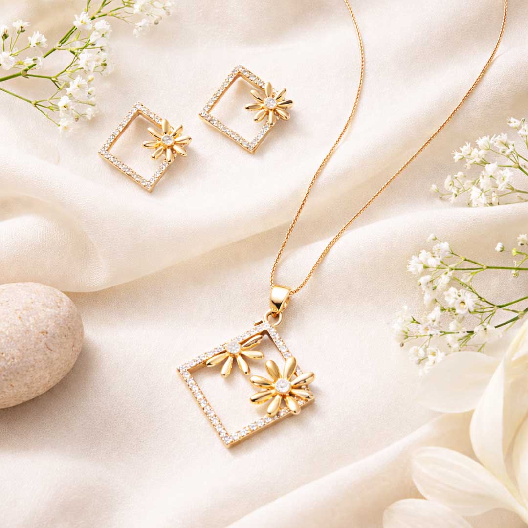 Rose Gold Floral Square CZ Pendant Necklace Set with Stud Earrings | Elegant Minimal Jewelry